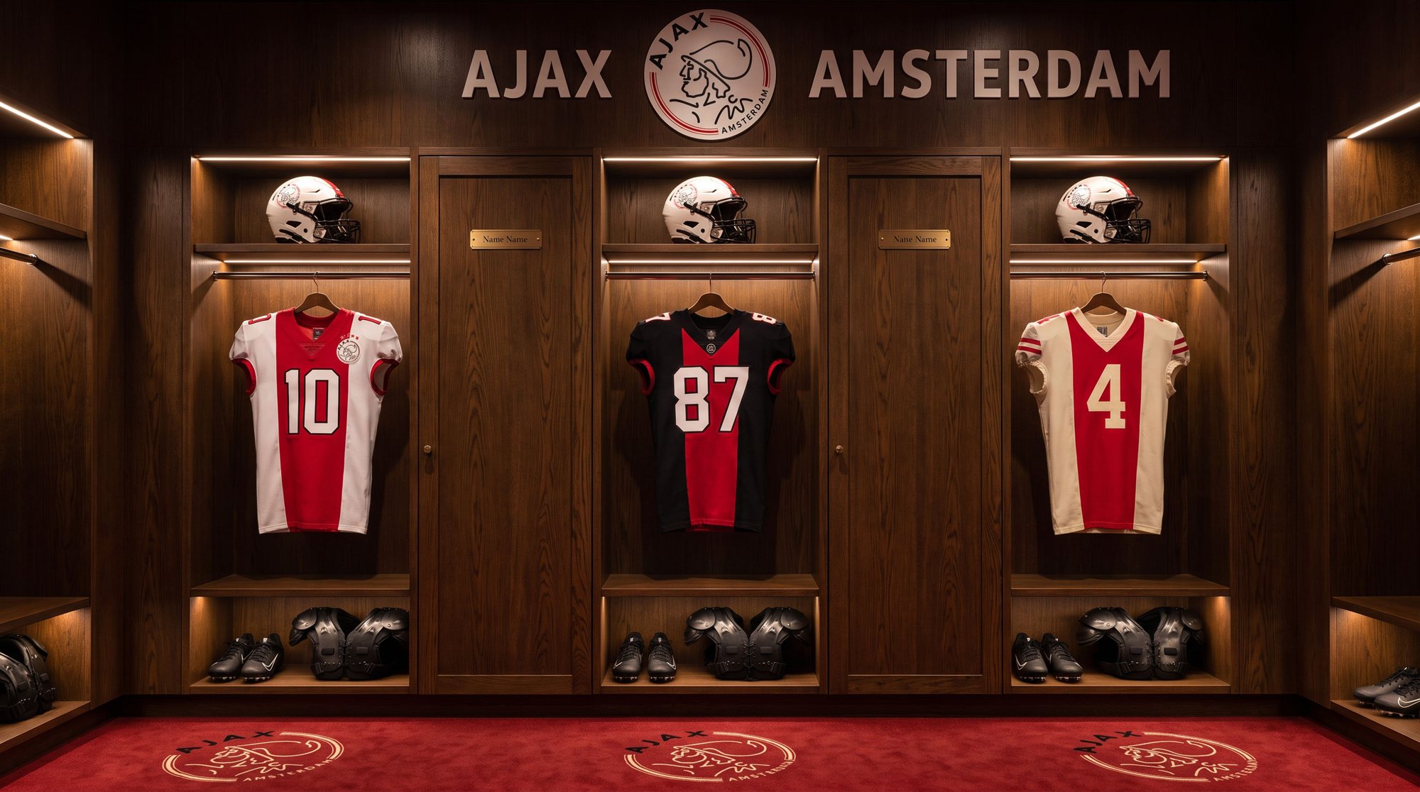 Oak locker room with the home 10, away 87 and heritage 4 jerseys, helmets above and pads below, under the Ajax crest