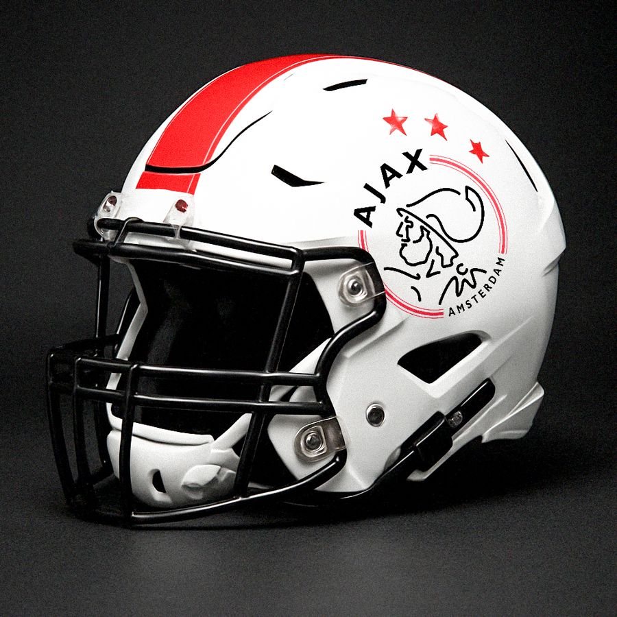 The 2025 concept helmet: white with a red stripe and the Ajax crest