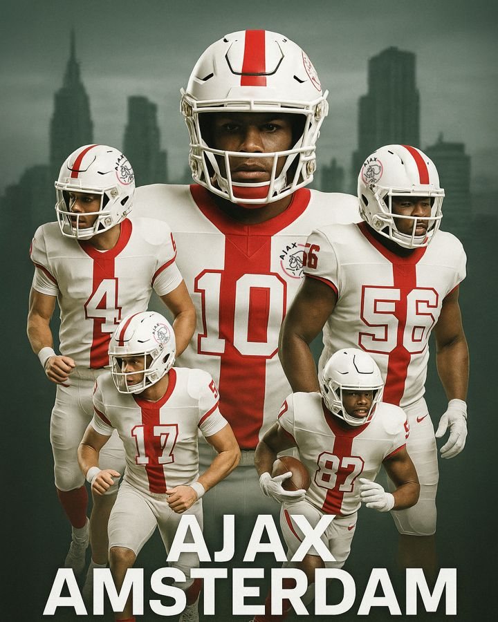 The 2025 concept poster: Ajax football players in red and white under the text AJAX AMSTERDAM