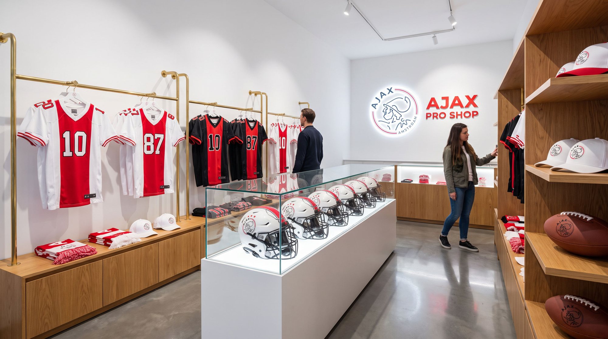 Interior of the Ajax Pro Shop: home and away football jerseys on brass rails, a lit case of helmets and shelves of caps, scarves and footballs