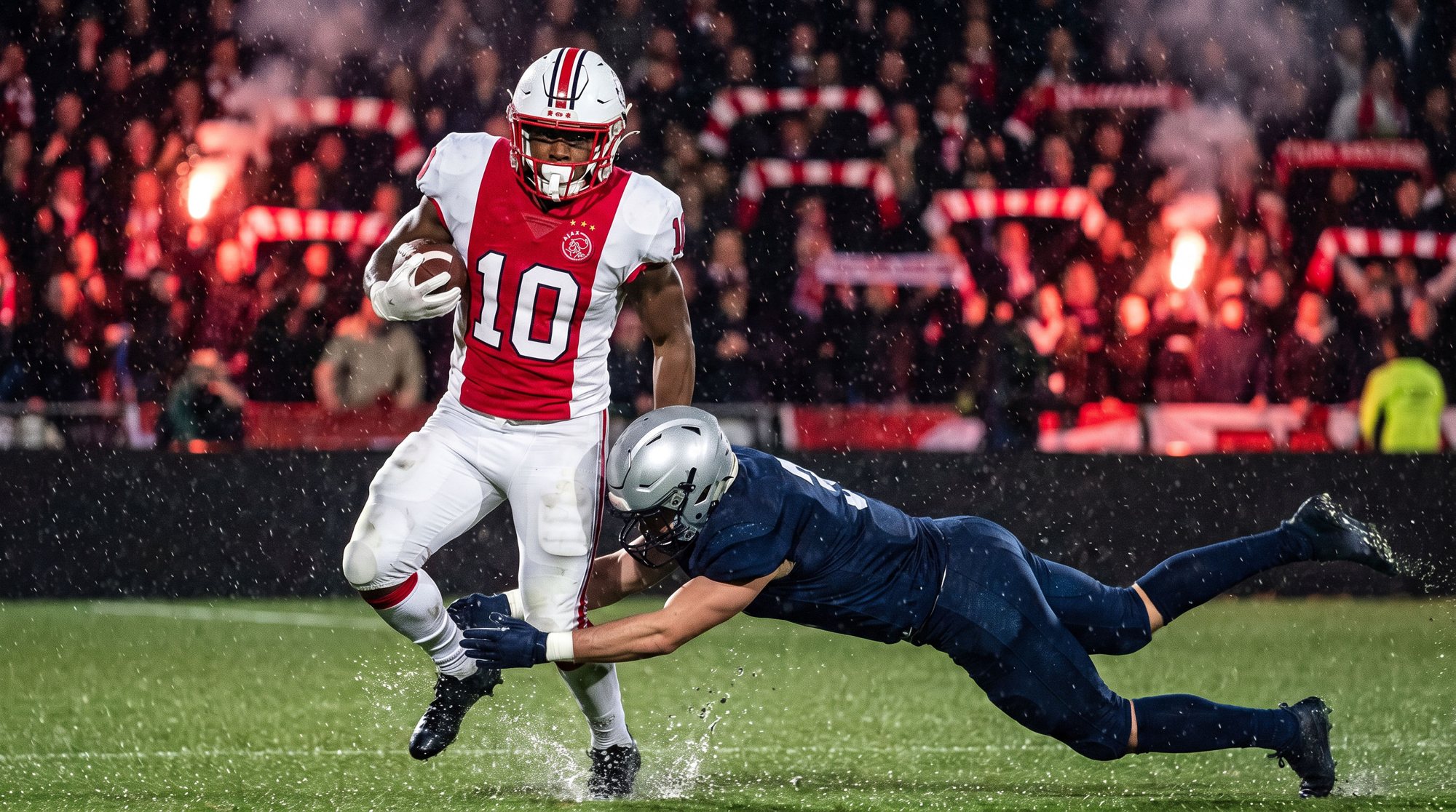 Ajax running back number 10 bursting through a tackle in the rain under floodlights
