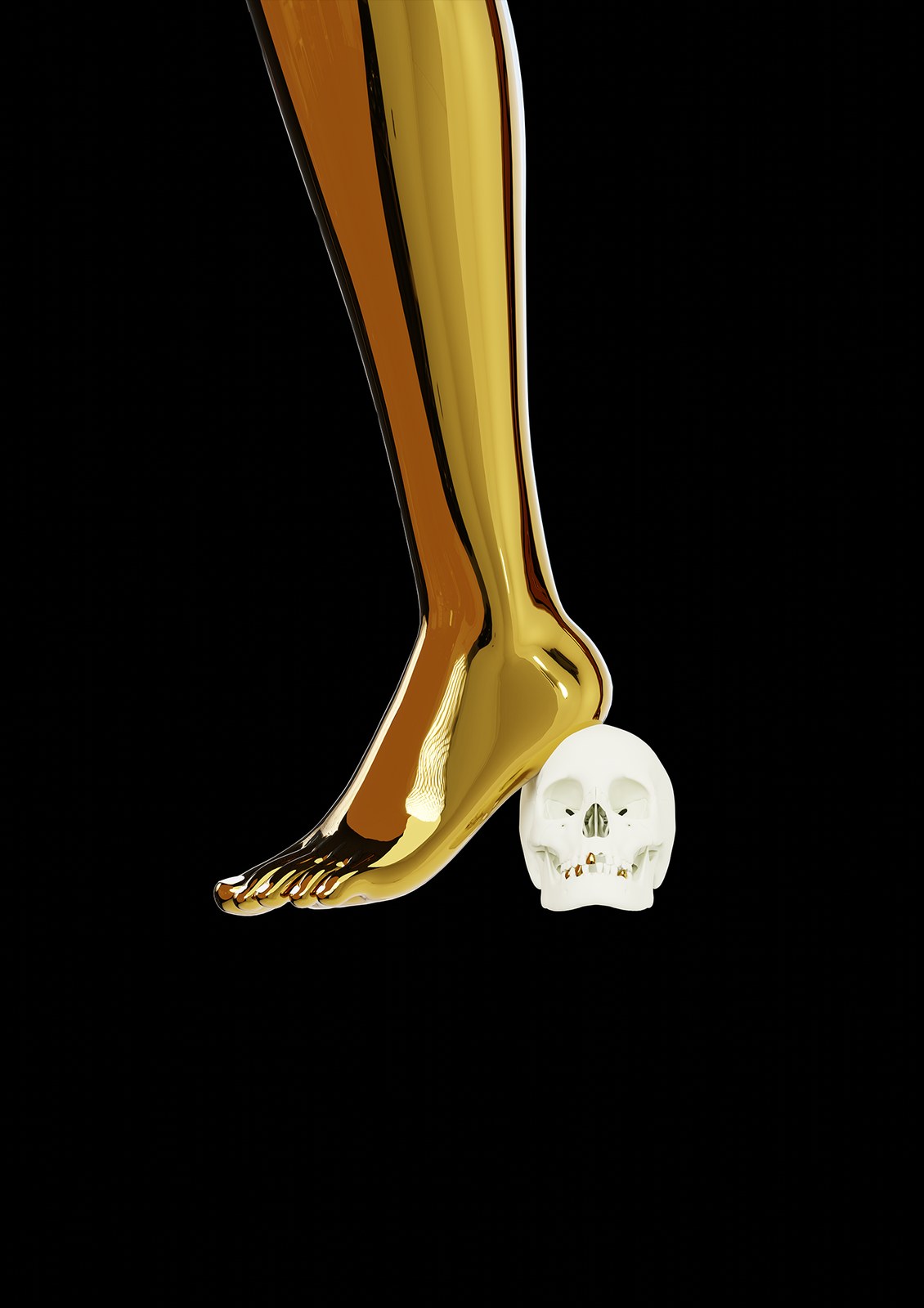 Wrath by YASSA: a gold chrome foot stepping down onto a white skull, from the 7 Deadly Sins series