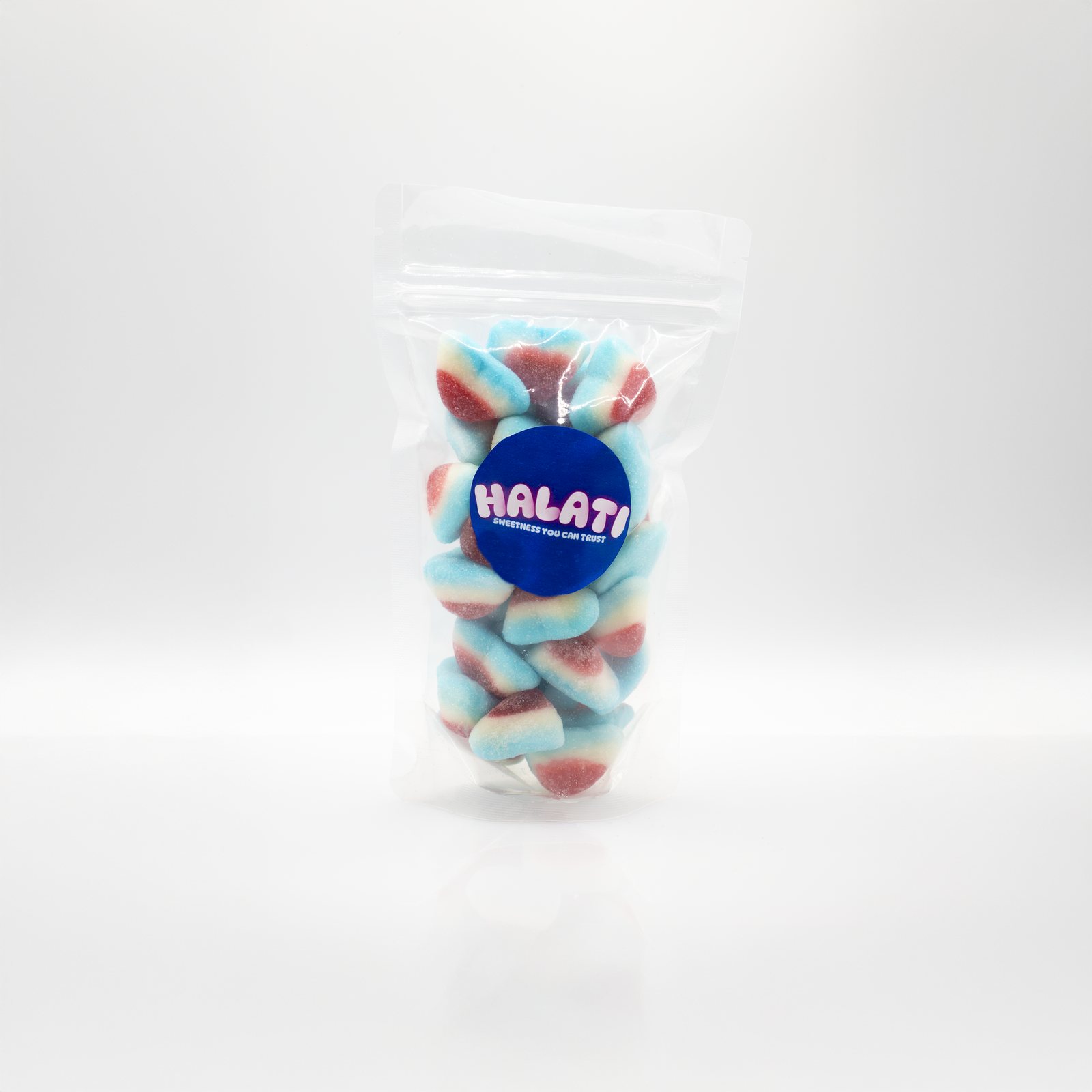 HALATI pouch filled with pink and blue sour sharks
