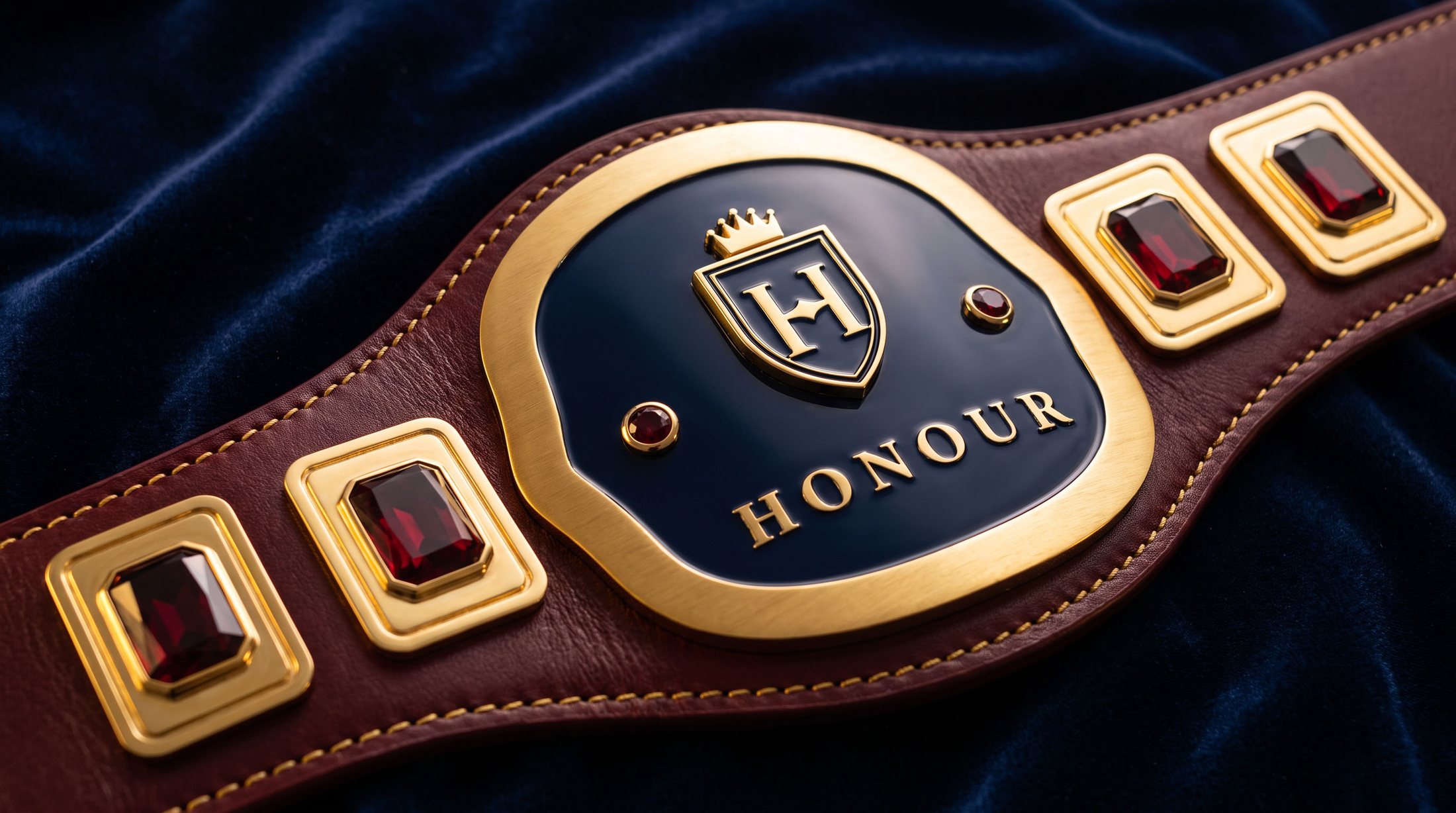 Close-up of the HONOUR championship belt on navy velvet