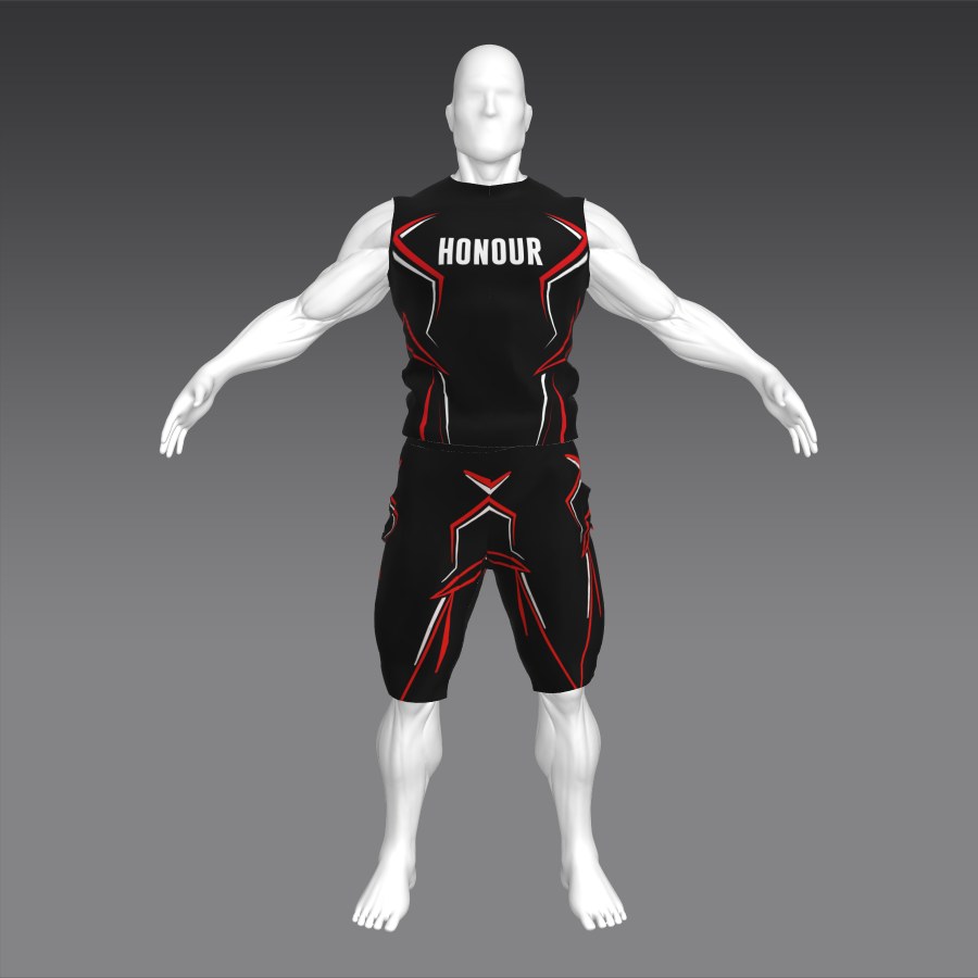 The original 2021 HONOUR kit: black tank and trunks with red and white claw lines on a 3D mannequin