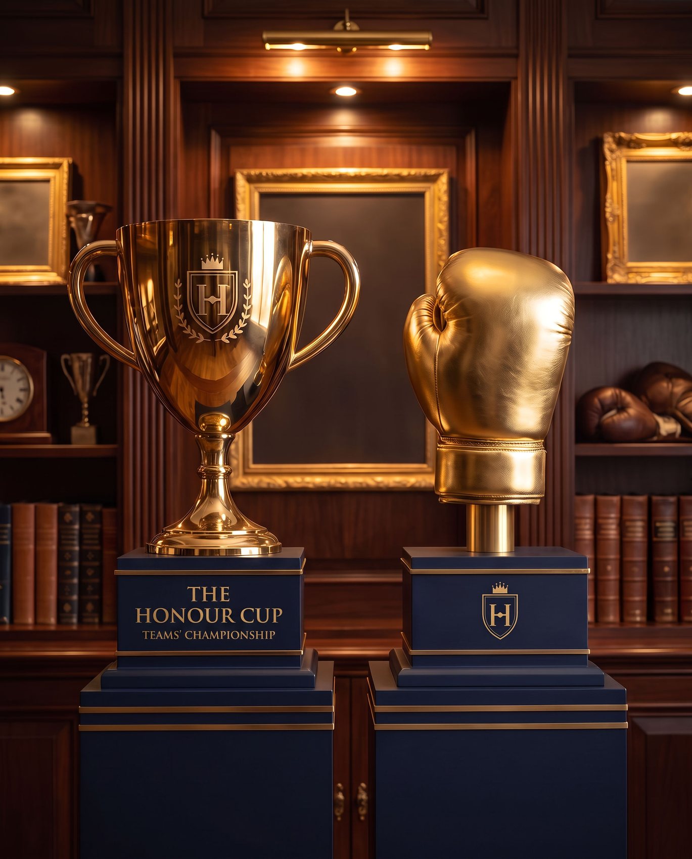 The Honour Cup and the gold-glove Grand Prix Trophy on navy plinths