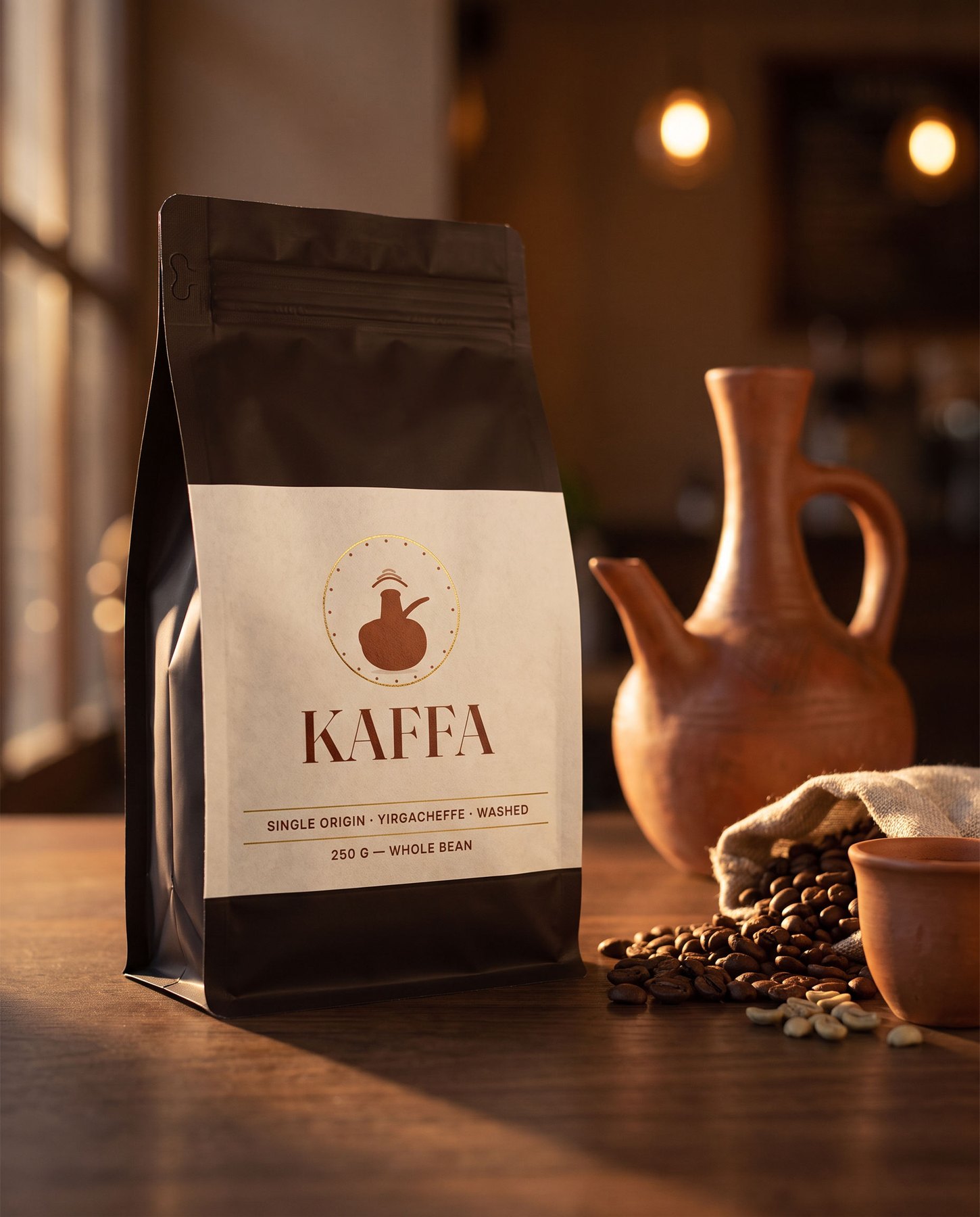 KAFFA single-origin Yirgacheffe coffee bag with a cream label and jebena mark beside coffee beans