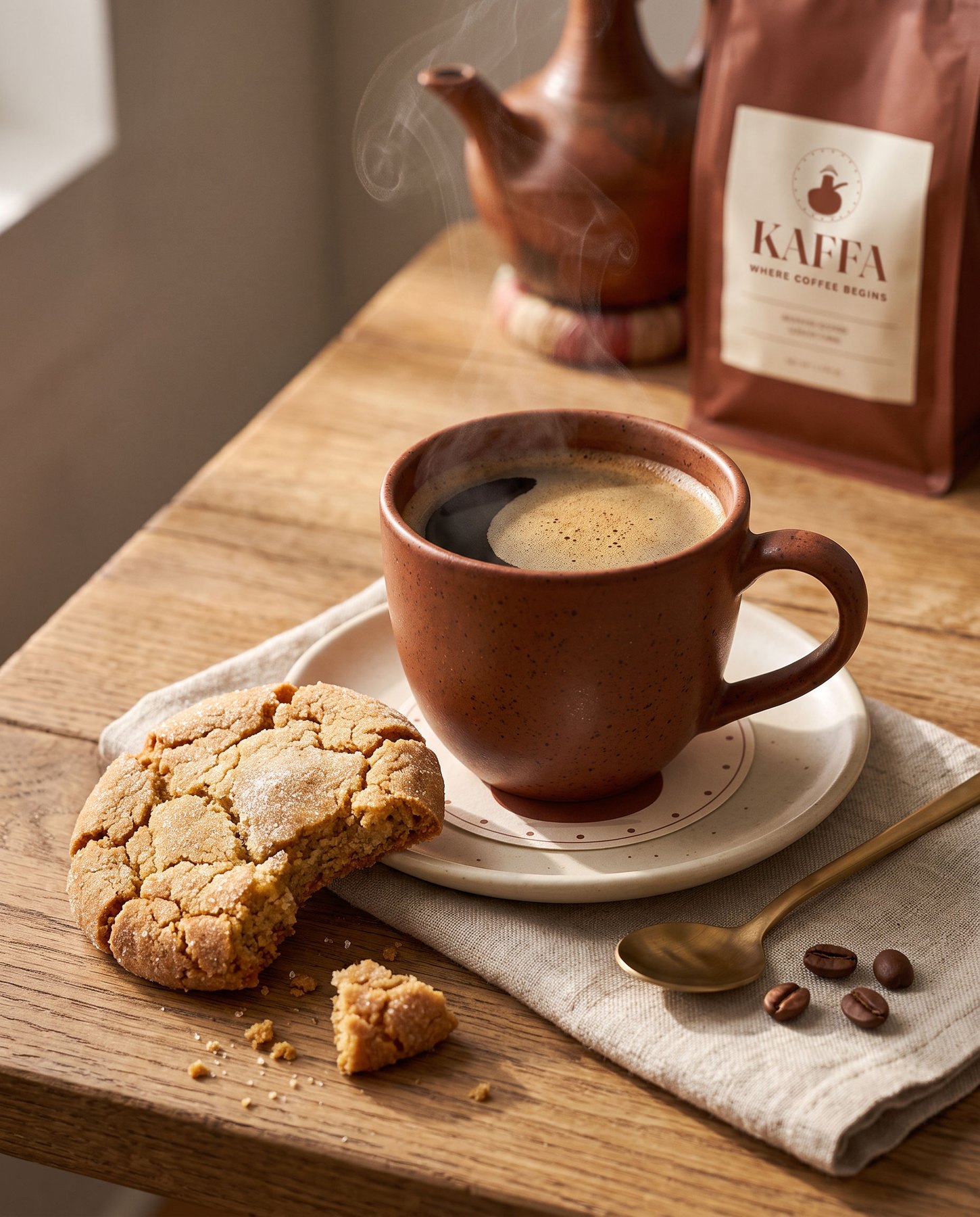 Terracotta cup of KAFFA coffee served with a cardamom cookie and a coffee bag