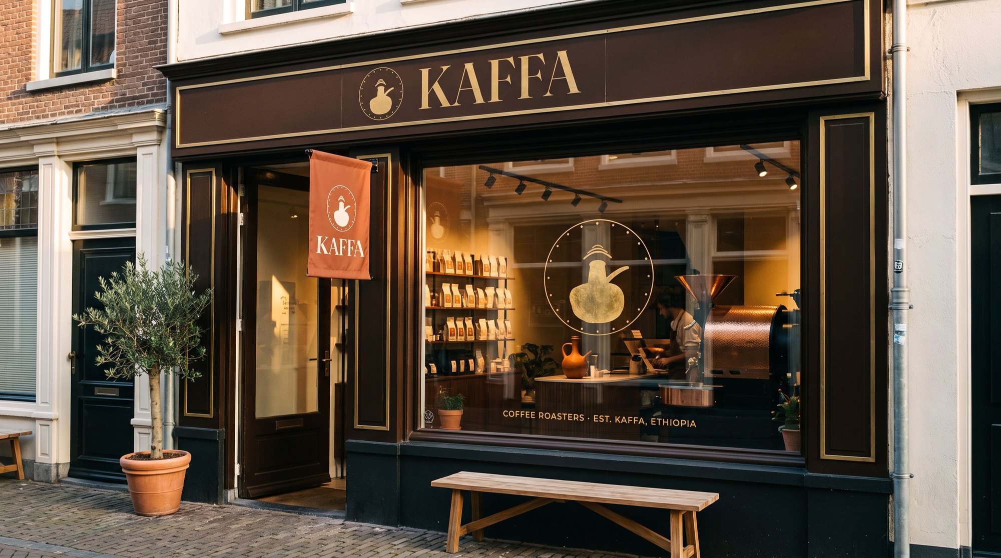KAFFA café storefront with gold-leaf signage, a terracotta banner, and a window looking into the coffee shop