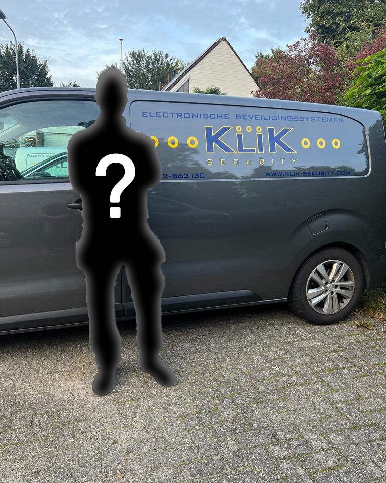 Recruitment post: a silhouette with a question mark in front of a Klik Security van — 'new installer wanted'