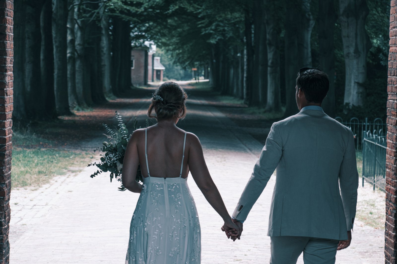 Imre and Chris walking hand in hand away from the camera down a long tree-lined avenue