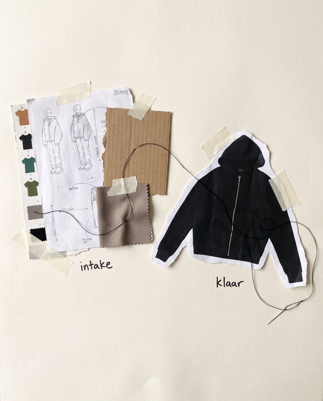 Kraft-paper collage: from intake sketches to the finished hoodie