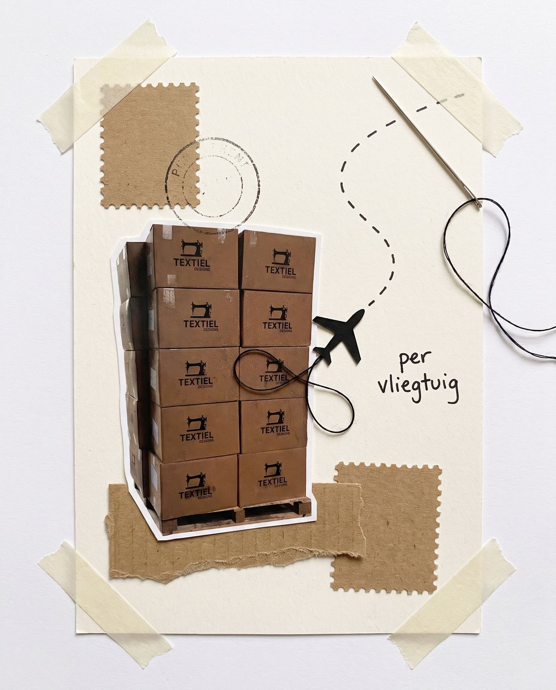 Kraft-paper collage: a pallet of Textiel Designs boxes shipped by plane