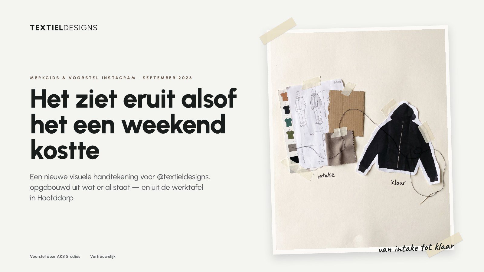 Textiel Designs brand guide 2.0 cover: 'Het ziet eruit alsof het een weekend kostte'
