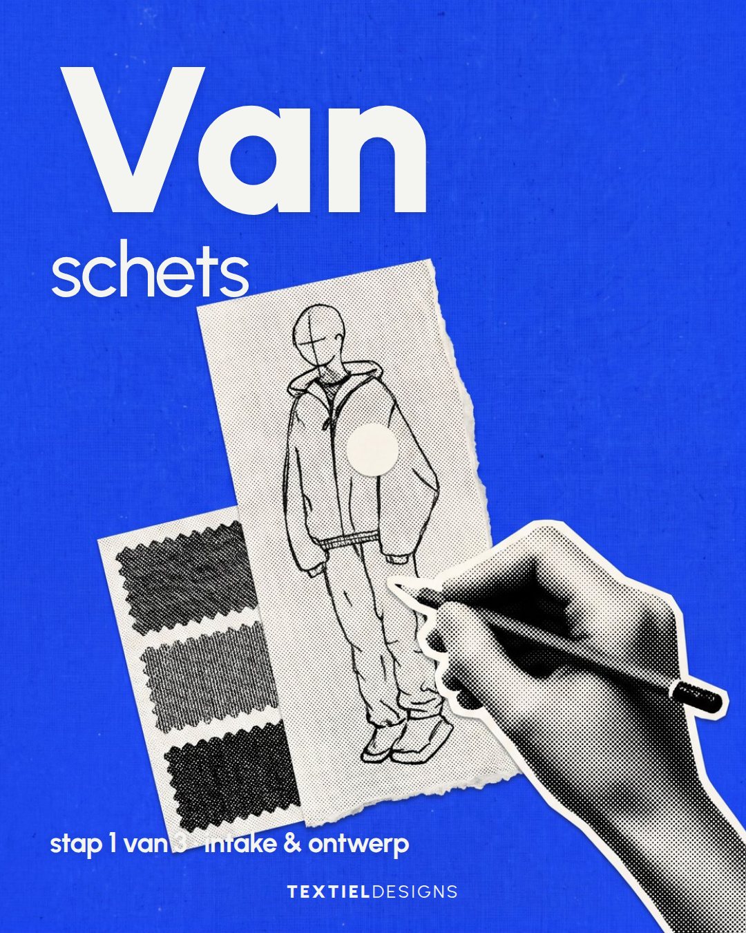 Cobalt carousel slide: 'Van schets' — from sketch, step 1 intake and design