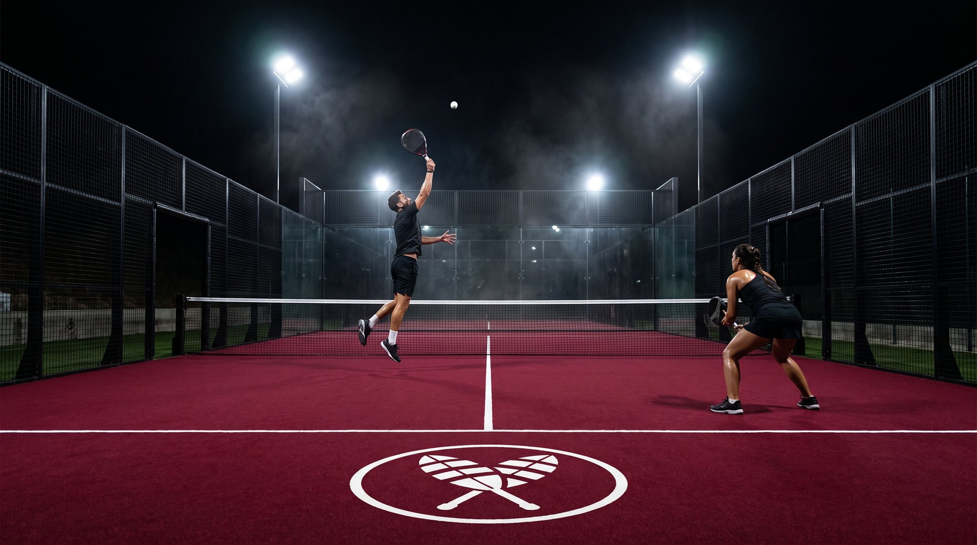Two players on TAKA NO MI Court Enji under floodlights, with a bordeaux surface and white lines