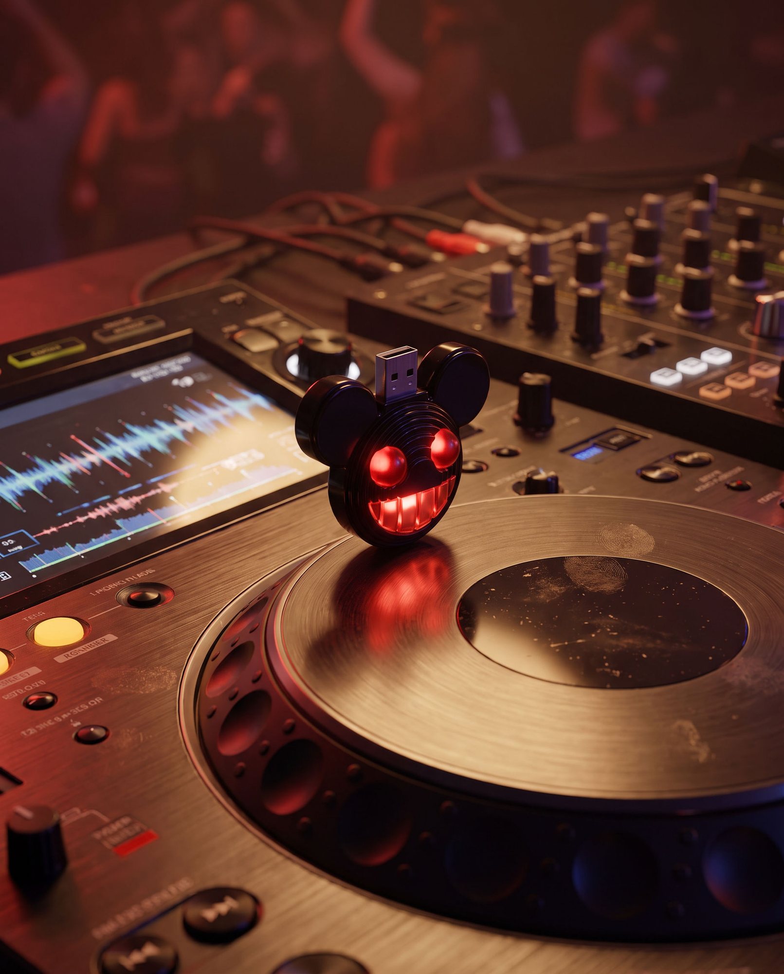 The black mouse-head USB stick with glowing red eyes on a DJ media player under red club light