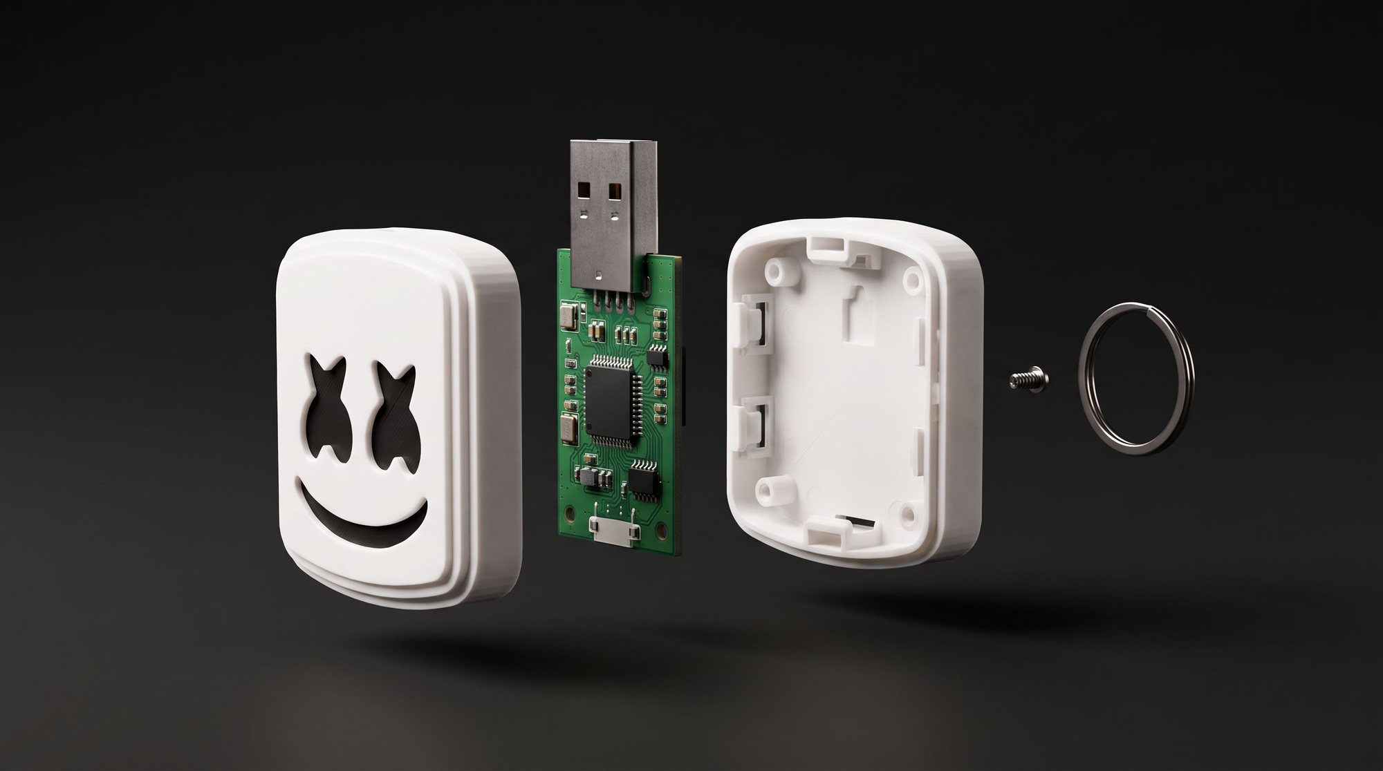 Exploded view of the marshmallow USB stick: front shell, USB flash circuit board with plug, back shell with clips, a screw and a keyring