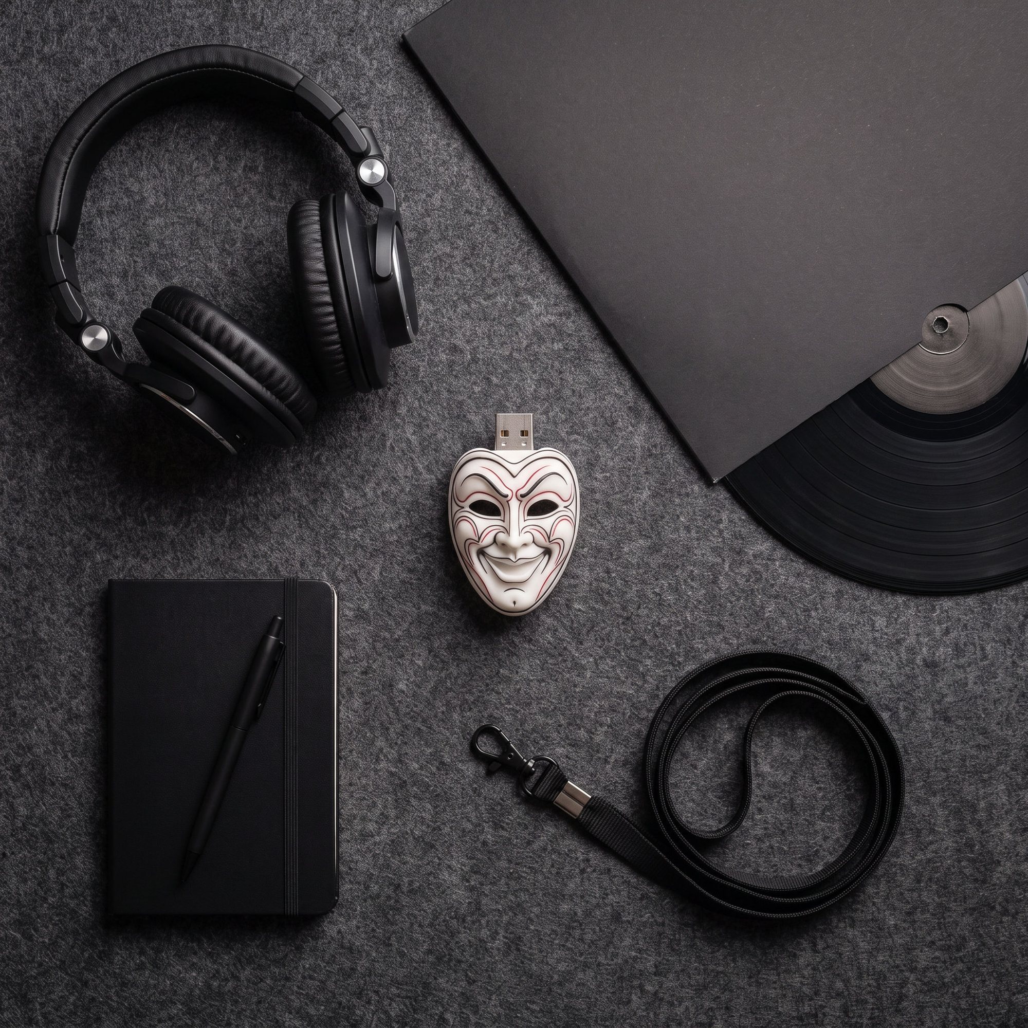 Flat lay of the white joker-mask USB stick with DJ headphones, a vinyl record, a notebook and a lanyard
