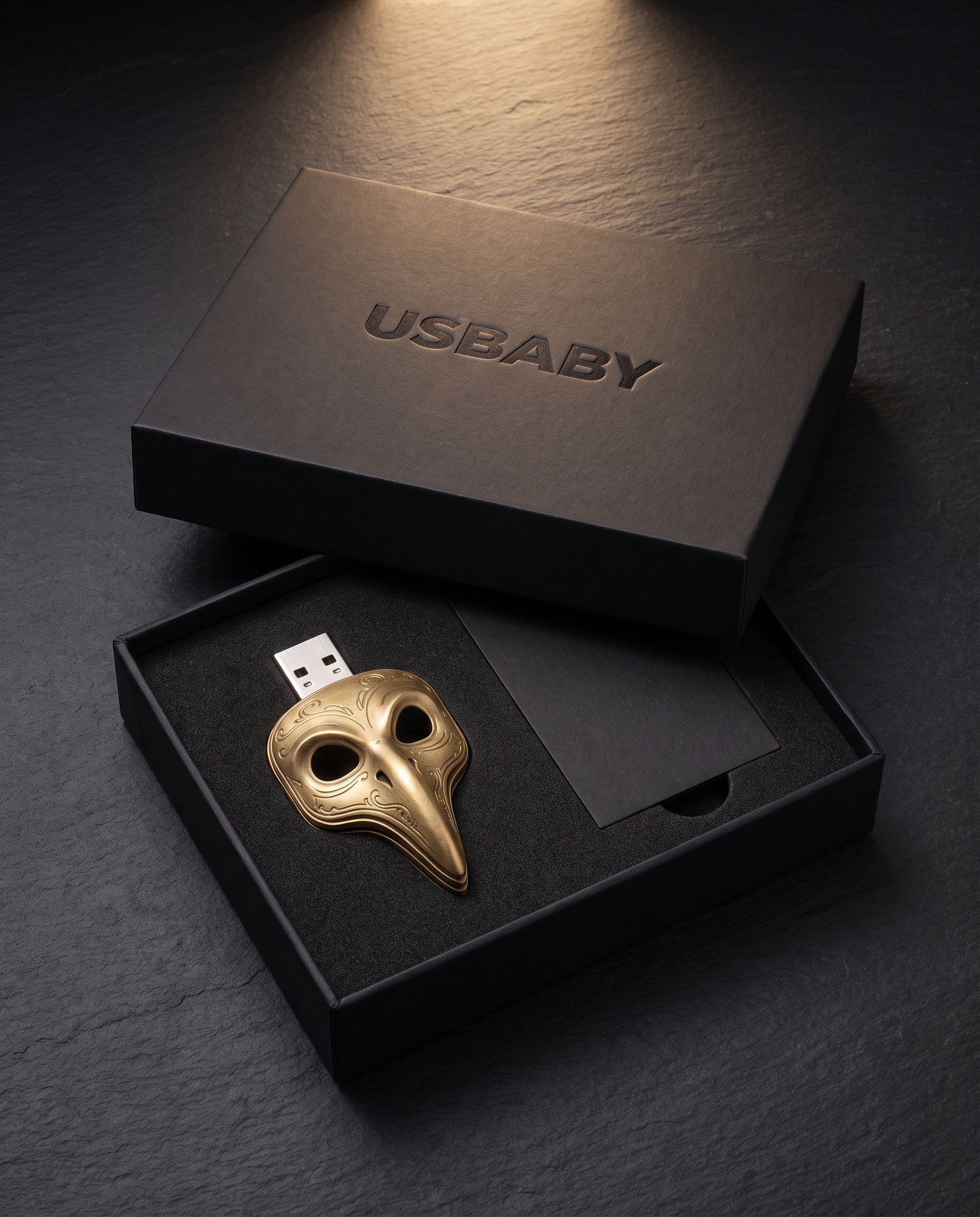 Open matte black USBABY gift box with the gold beak-mask USB stick in a black foam insert