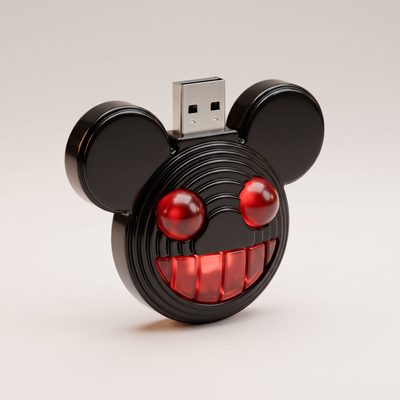 USB stick shaped like a black mouse head with glowing red eyes and a toothy grin