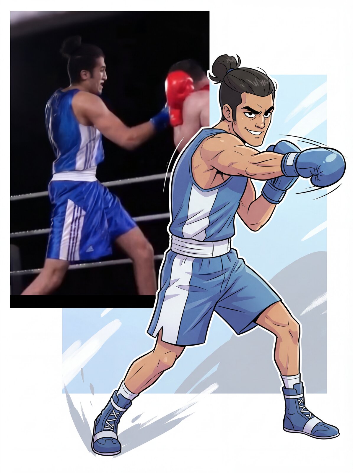 YASSA photographed as a boxer beside his illustrated self-portrait